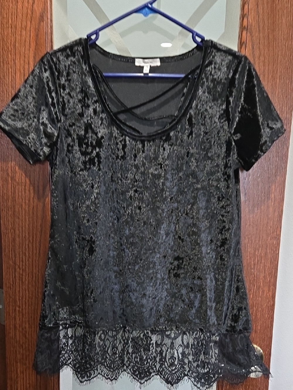 Maurices Black Crushed Velvet Lace-Hem Short Sleeve Top with Crisscross Neck